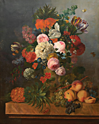 ₴ Репродукція квітковий натюрморт відомого художника "Букет квітів, ананасів, персиків та винограду на столі"