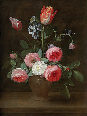 ₴ Репродукция цветочный натюрморт "Розы, тюльпаны и нарциссы в каменном вазе на деревянном выступе"