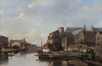 ₴ Репродукция городской пейзаж "Вид каприччио голландского города вдоль реки"