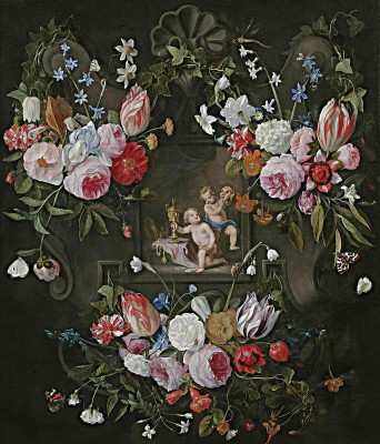 ₴ Репродукция цветочный натюрморт известного художника "Натюрморт с цветами в картуше вокруг аллегорического изображения путти с драгоценными предметами и маской"