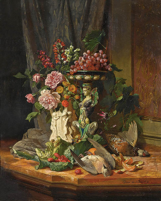 ₴ Репродукция цветочный натюрморт "Цветы, фрукты и дичь"