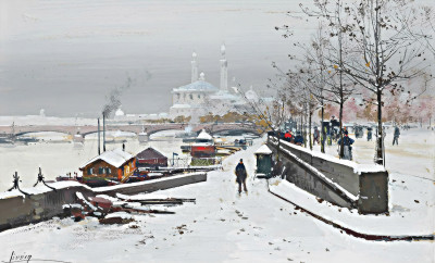 ₴ Репродукція міський краєвид відомого художника "Фігури на снігу біля Сени, Париж"
