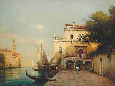 ₴ Репродукция городской пейзаж "Фигуры у венецианского канала, колокольня за ним"