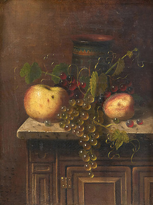 ₴ Репродукция натюрморт "Натюрморт с египетской вазой, яблоками и виноградом на консоли с мраморной столешницей"