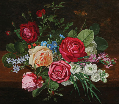 ₴ Репродукция цветочный натюрморт "Букет разноцветных цветов на каменном подоконнике"