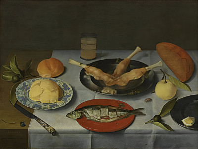 ₴ Репродукция натюрморт известного художника "Завтрак с хлебом, сыром, рыбой и пивом"