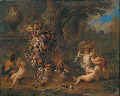 ₴ Репродукция натюрморт "Пейзаж с шестью путями, играя с гирляндой из фруктов, и две морские свинки на переднем плане"