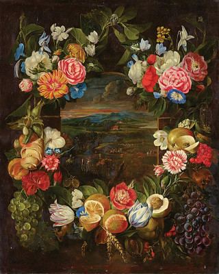 ₴ Репродукция натюрморт "Панорамный речной пейзаж, утопающий в лепестках фруктов и цветов"