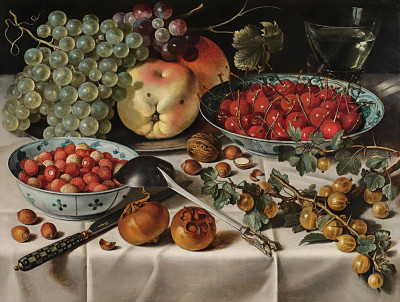 ₴ Репродукция натюрморт известного художника "Натюрморт с разнообразными фруктами, включая дикую клубнику и вишню, в двух фарфоровых мисках"