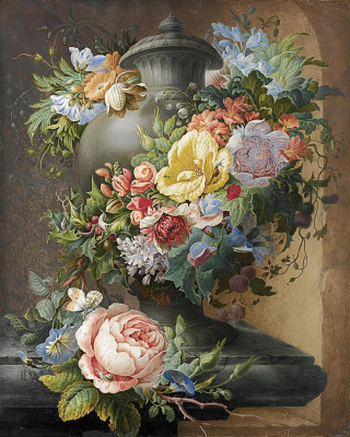 ₴ Репродукция натюрморт "Урна, увитая цветами с различными насекомыми и улитками в каменной нише"