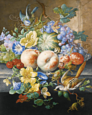 ₴ Репродукция натюрморт "Натюрморт с цветами, фруктами, двумя птицами и улиткой"