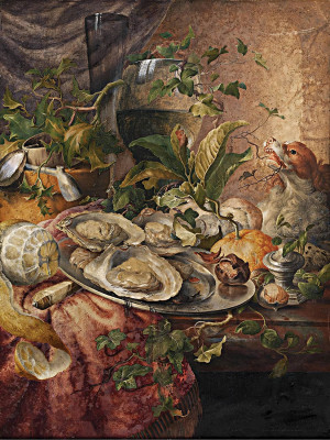 ₴ Репродукция натюрморт "Натюрморт с устрицами, зеленью, бокалами, собакой и другими объектами"