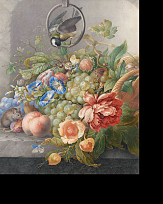 ₴ Репродукция натюрморт "Натюрморт с цветами, фруктами, большой синицей и мышью"