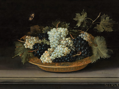 ₴ Репродукція натюрморт "Натюрморт з чорним і зеленим виноградом у позолоченому підносі на виступі"