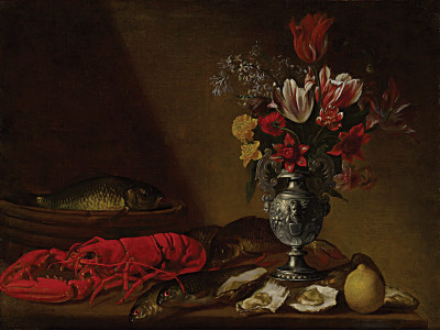 ₴ Репродукція квітковий натюрморт "Натюрморт з тюльпанами, півоніями та іншими квітами у срібній вазі, з омаром, устрицями, рибою та лимоном на столі"