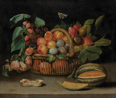 ₴ Репродукція натюрморт "Натюрморт з фруктами в плетеному кошику, з розрізаною динею"