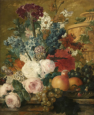 ₴ Репродукція квітковий натюрморт "Натюрморт з квітами і фруктами на кам'яному виступі на фоні кам'яної скриньки"