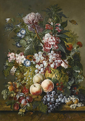 ₴ Репродукція квітковий натюрморт "Натюрморт з квітами та фруктами на мармуровому виступі"
