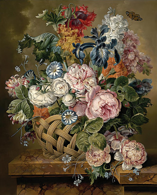 ₴ Репродукція квітковий натюрморт "Натюрморт із кошиком квітів на мармуровому виступі"
