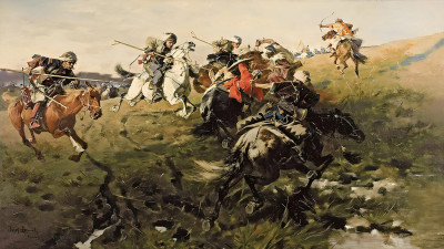 ₴ Репродукция батального жанра художника "Стычка между казаками и татарами"