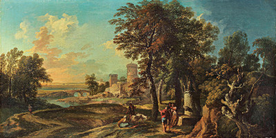 ₴ Репродукція краєвид "Лісистий річковий краєвид, перетнутий мостом, відпочиваючі пастухи"