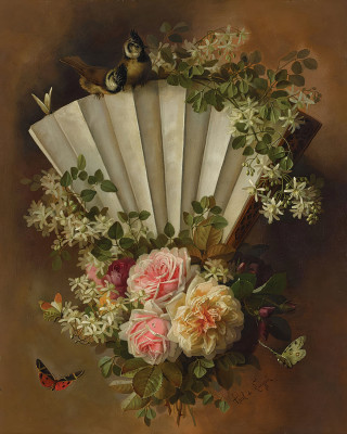 ₴ Репродукция цветочный натюрморт "Розы и цветы с веером, бабочками и птицами"