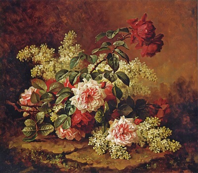 ₴ Репродукция цветочный натюрморт "Розы и красное дерево"