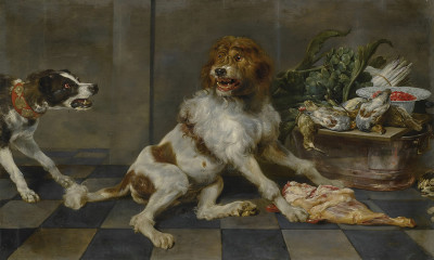 ₴ Репродукция натюрморт известного художника "Две собаки с куском мяса, корзина с дичью и овощами"