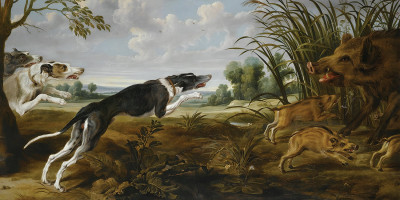 ₴ Репродукция бытовой жанр известного художника "Три гончих нападают на дикого кабана и его детенышей в большом пейзаже"