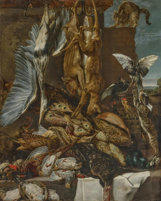 ₴ Репродукция натюрморт известного художника "Выступ полный дичи и других животных, пейзаж за ним"