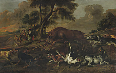 ₴ Репродукция бытовой жанр известного художника "Гончие атакуют оленя в холмистом ландшафте, пара охотников верхом на лошадях неподалеку"