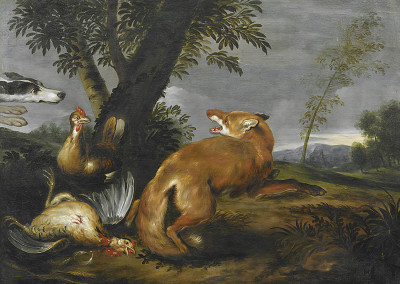 ₴ Репродукция бытовой жанр известного художника "Лиса охотится за курами, удивленная собакой"