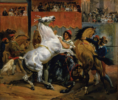 ₴ Репродукция бытовой жанр "Старт скачек лошадей без всадников"