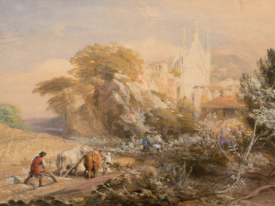 ₴ Репродукция пейзажа "Урожайное поле и монастырь Ла Вокателла, недалеко от Корпо ди Кава"