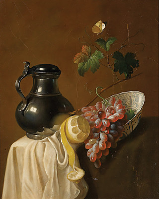 ₴ Репродукция натюрморт "Натюрморт с лимоном, виноградом и бабочкой"