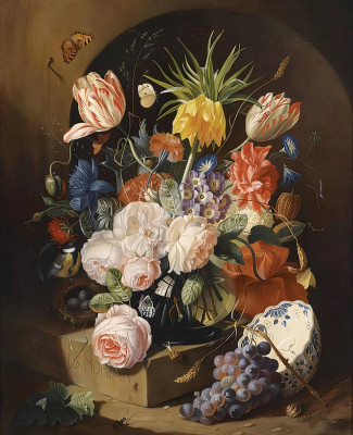 ₴ Репродукция цветочный натюрморт "Букет цветов с делфтской миской на мраморной плите"