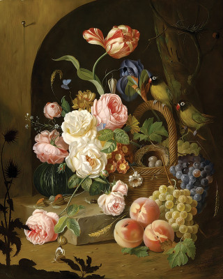 ₴ Репродукция цветочный натюрморт "Букет цветов с виноградом и певчими птицами"