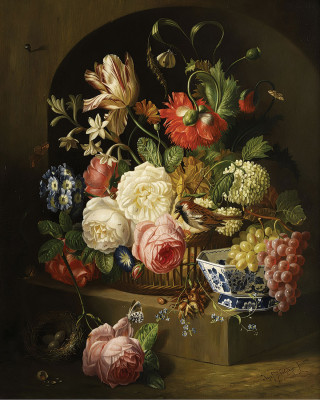 ₴ Репродукция цветочный натюрморт "Натюрморт с букетом цветов и фруктами в китайской пиале"