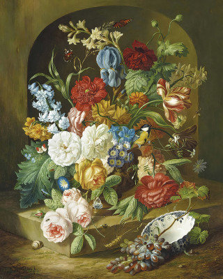 ₴ Репродукция цветочный натюрморт "Натюрморт с лимоном, виноградом и бабочкой"