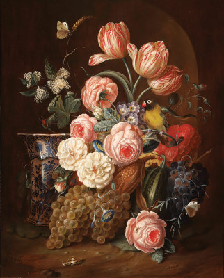 ₴ Репродукция цветочный натюрморт "Натюрморт с цветами, фруктами и вазой"