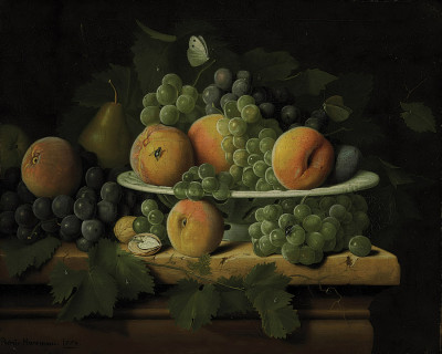 ₴ Репродукція натюрморт художника "Персики, виноград та груша в керамічній тарілці на кам'яному виступі з грушею, волоськими горіхами, метеликами та мухою"