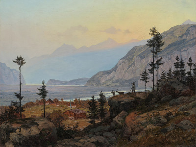 ₴ Репродукция пейзаж "Швейцарский альпийский пейзаж с рекой и озером"