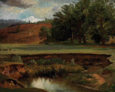 ₴ Репродукция пейзаж "Лесной край с прудом на переднем плане"