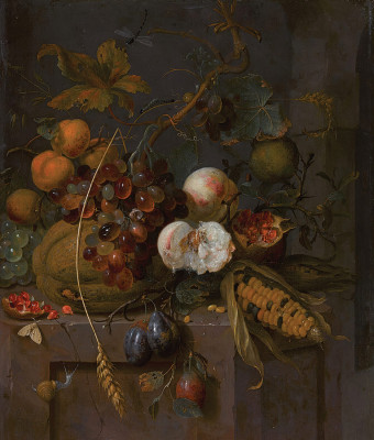 ₴ Репродукция натюрморт художника "Натюрморт с кукурузой, гранатами, персиками, абрикосами, черносливом, виноградом и тыквой на выступе"