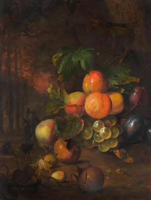 ₴ Репродукция натюрморт художника "Фруктовый натюрморт с пейзажем на заднем плане"