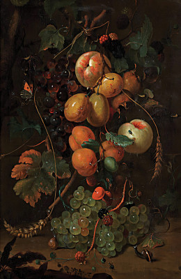 ₴ Репродукция натюрморт художника "Персики, сливы и виноград с початками кукурузы, свисающими над лесной подстилкой"