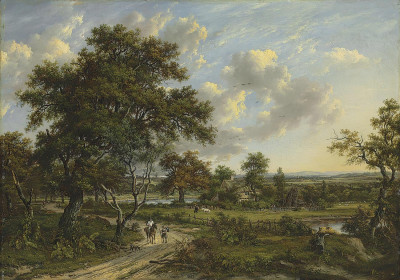 ₴ Репродукция пейзаж "Лесистый ландшафт с путешественниками на тропе"