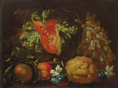 ₴ Репродукция натюрморт "Натюрморт с тыквой, виноградом, цитрусовыми и цветами"