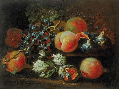 ₴ Репродукция натюрморт "Натюрморт с персиками, виноградом, инжиром и цветами"