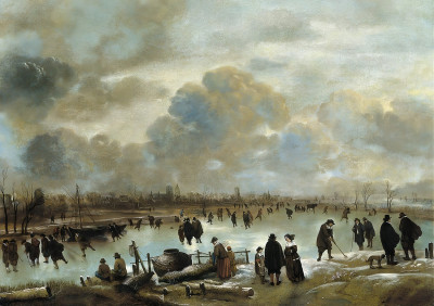 ₴ Репродукция пейзажа известного художника "Зимний пейзаж с конькобежцами на замерзшем водоеме"